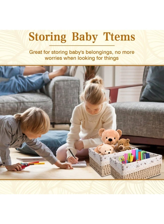 ناما سلات تخزين طبيعية ٣ أحجام بزخرفة مع بطانة قابلة للإزالة، منظم ضفيرة مثالي، تصميم مربع بلون بيج من حبل ورقي منسوج وحبل قطن مع بطانة قماش مطبوع بالزهور - Image 3